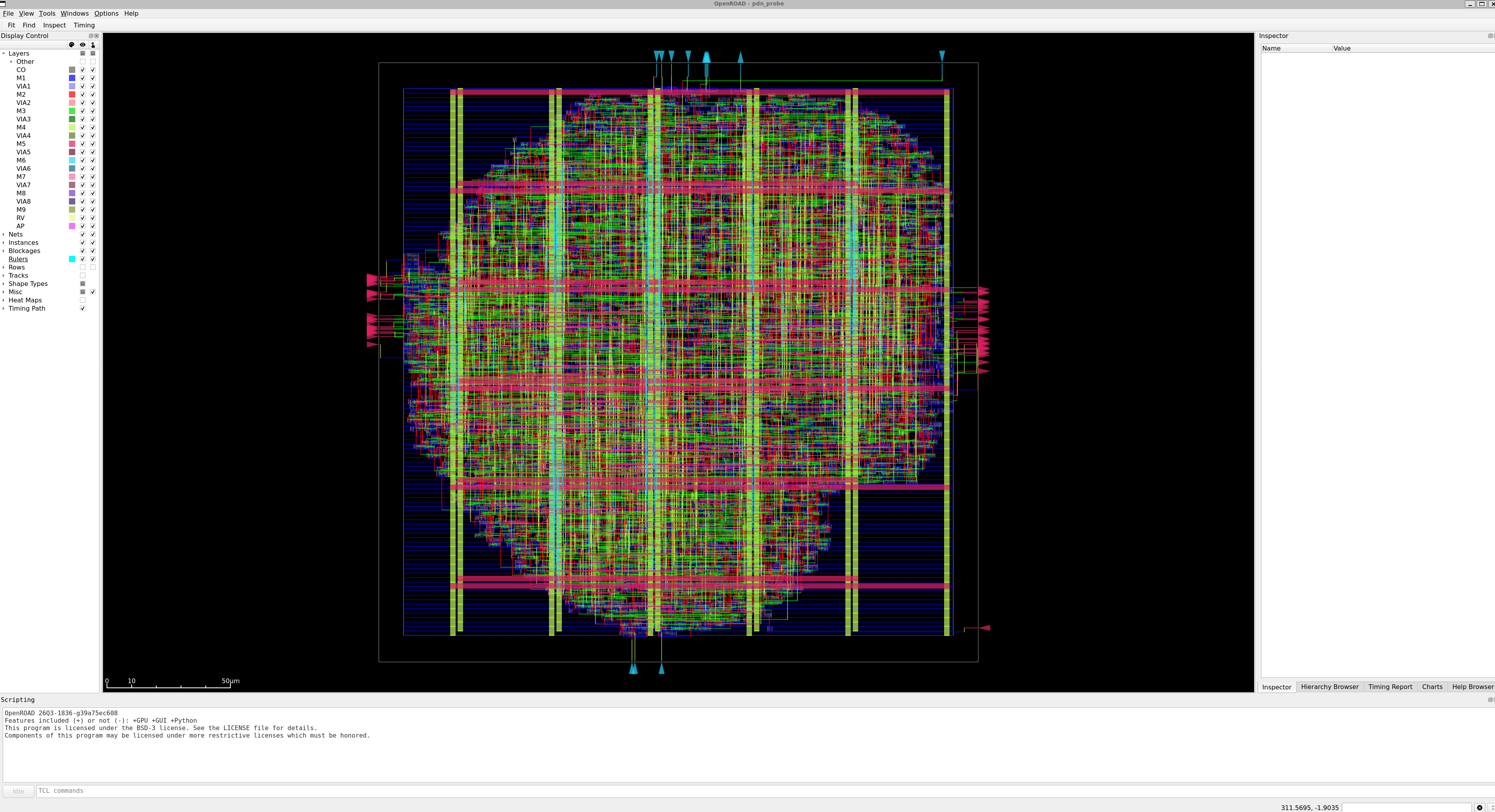 Figure 1. Commercial 65 nm PDK를 이용하여 OpenROAD에서 PnR을 수행한 결과